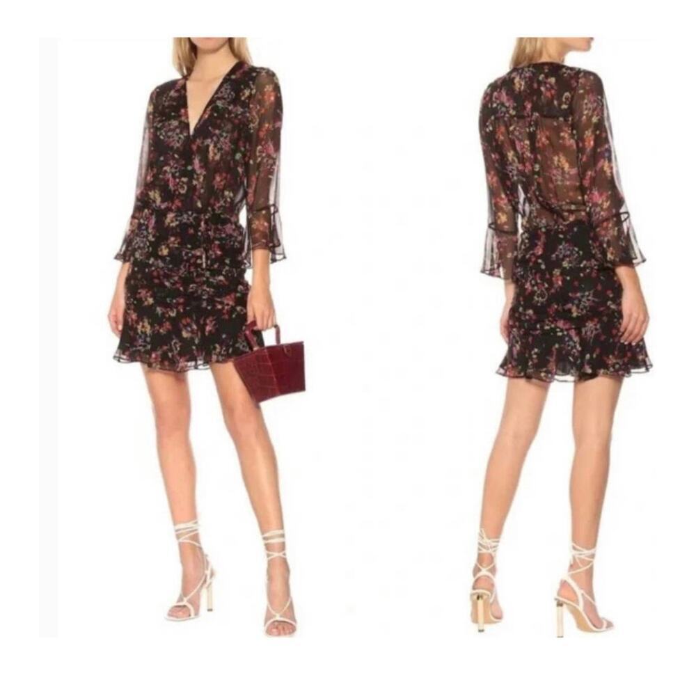VERONICA BEARD Sean Floral-print Ruched Flounce Dress In Black Multi Size 0 NWOT